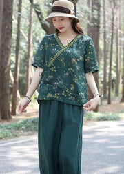 Fine Green V Neck Print Lace Up Patchwork Linen Top Summer