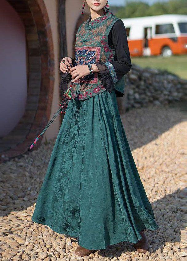 Fine Green Wrinkled Embroideried Pockets Patchwork Silk Skirt Summer