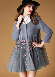 Fine Grey Embroideried Organza Patchwork Wool Coats Winter