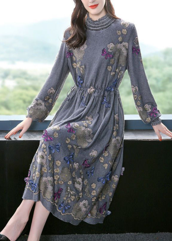 Fine Grey High Neck Embroideried Butterfly Wool Cinched Dress Spring