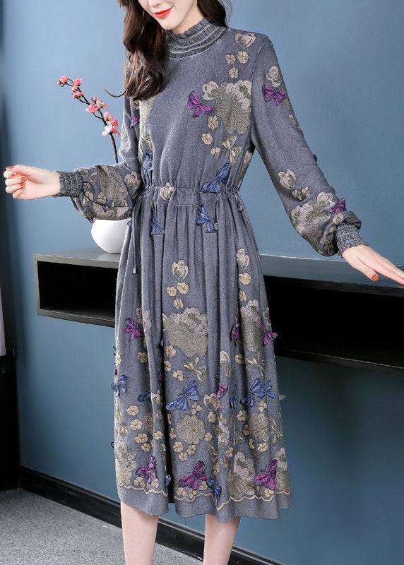 Fine Grey High Neck Embroideried Butterfly Wool Cinched Dress Spring