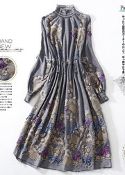 Fine Grey High Neck Embroideried Butterfly Wool Cinched Dress Spring