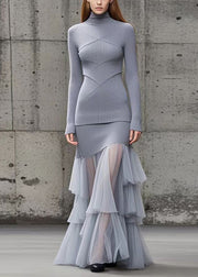 Fine Grey High Neck Patchwork Tulle Knitted Dress Fall