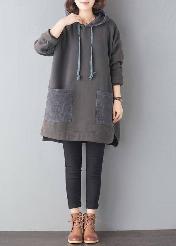 Fine Grey Hooded Pockets Patchwork Warm Fleece Loose Sweatshirt Winter