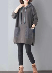 Fine Grey Hooded Pockets Patchwork Warm Fleece Loose Sweatshirt Winter