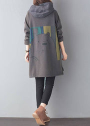 Fine Grey Hooded Pockets Patchwork Warm Fleece Loose Sweatshirt Winter