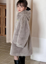 Fine Grey Patchwork Pockets Girls Mink Velvet Hooded Long Coat Winter