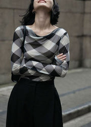 Fine Grey Plaid Slash Neck Slim Fit Tulle Tops Spring