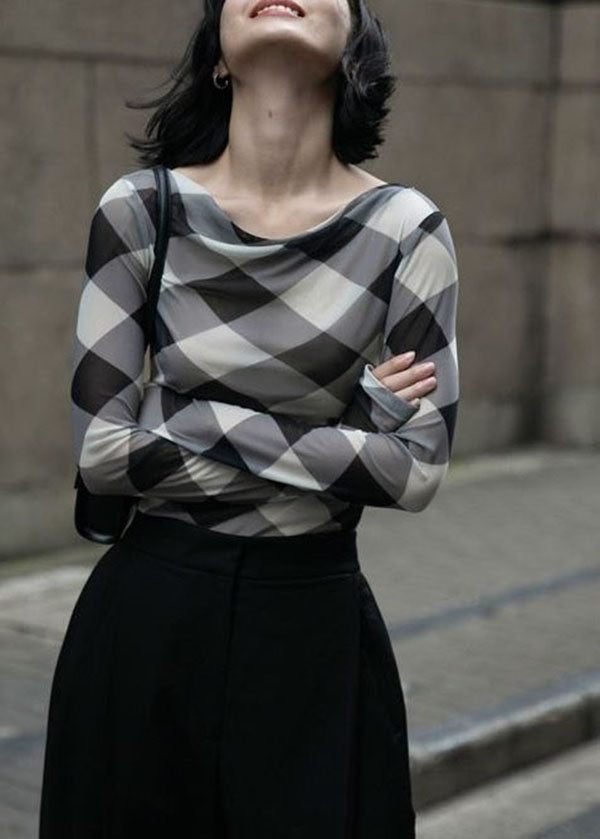 Fine Grey Plaid Slash Neck Slim Fit Tulle Tops Spring