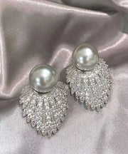 Fine Grey Sterling Silver Pearl Zircon Stud Earrings