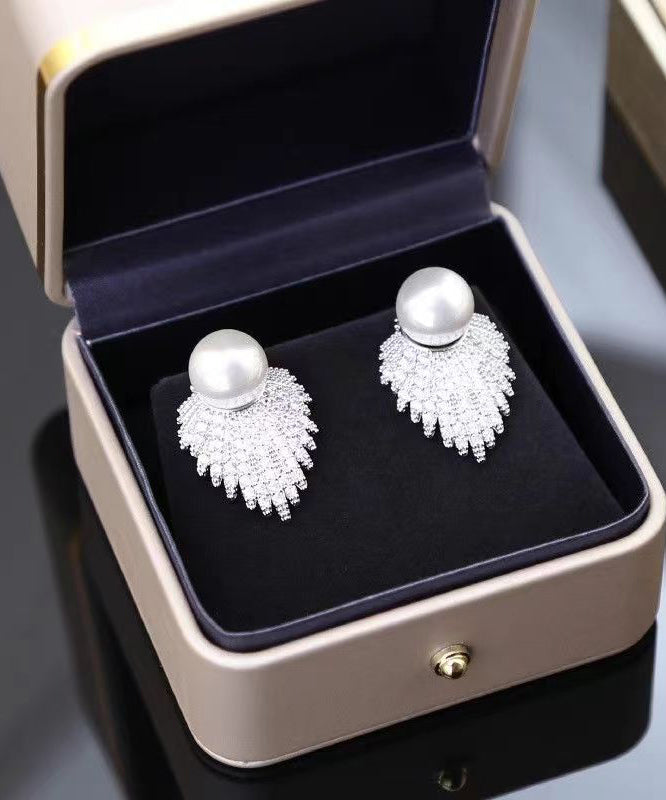 Fine Grey Sterling Silver Pearl Zircon Stud Earrings