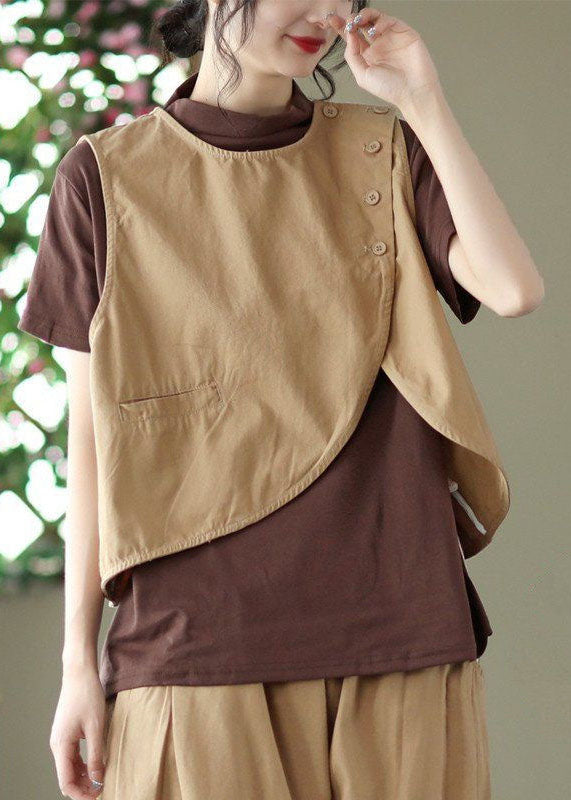 Fine Khaki Asymmetrical Patchwork Cotton Vest Sleeveless