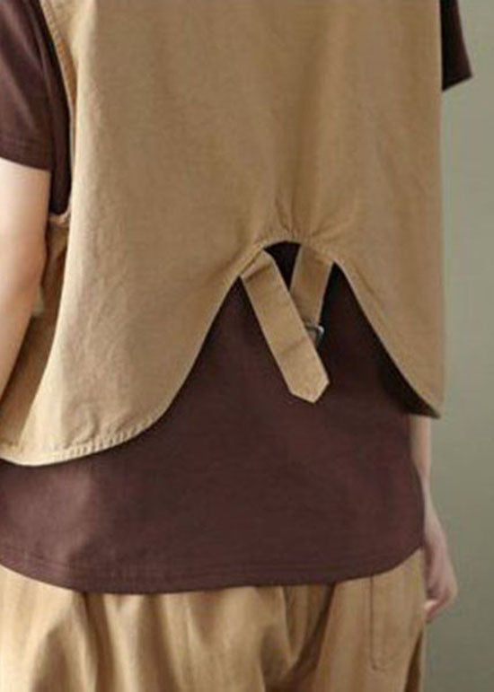 Fine Khaki Asymmetrical Patchwork Cotton Vest Sleeveless