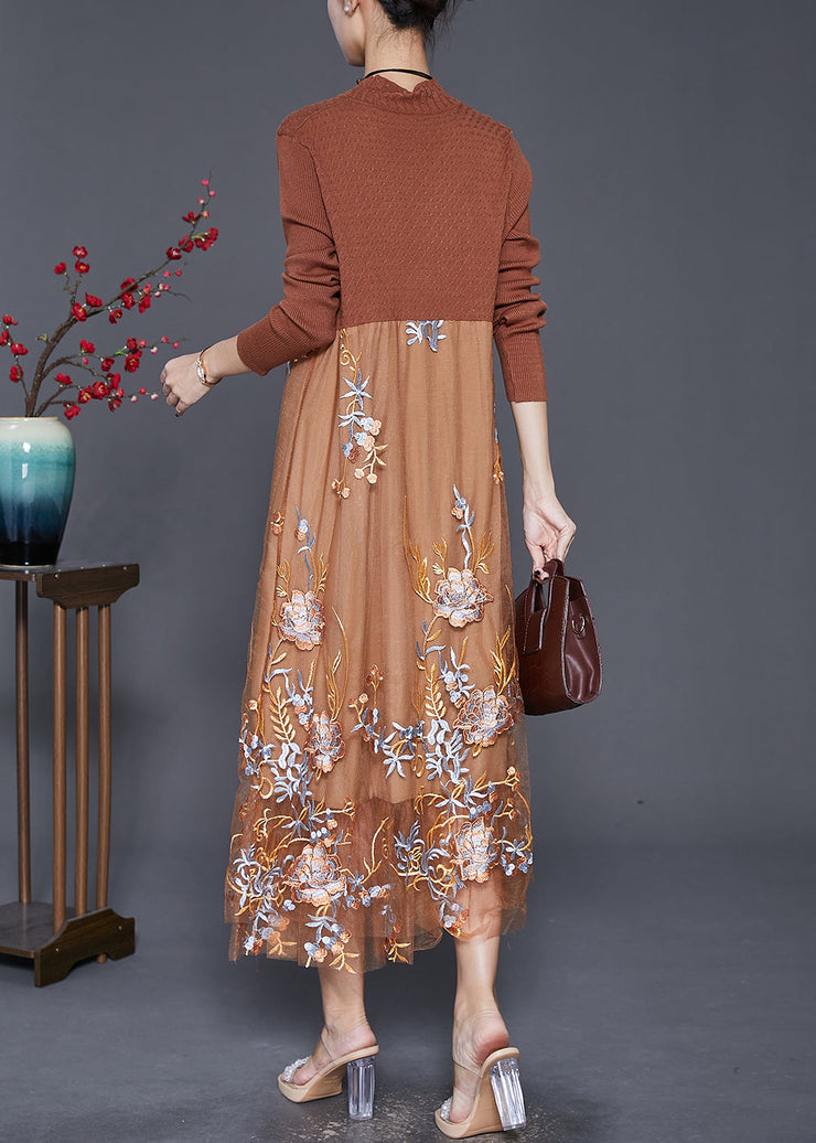 Fine Khaki Embroidered Patchwork Knit Dress Fall