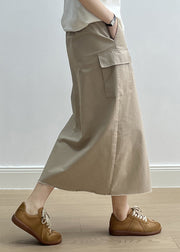 Fine Khaki Pockets High Waist Side Open Cotton Skirt Fall