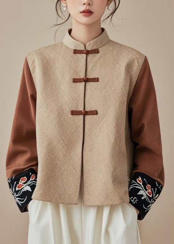 Fine Khaki Stand Collar Patchwork Coats Fall