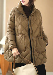 Fine Khaki Zip Up Oversized Thick Big Pockets Duck Down Puffer Jacket Winter