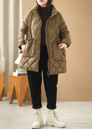 Fine Khaki Zip Up Oversized Thick Big Pockets Duck Down Puffer Jacket Winter