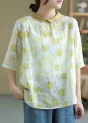 Fine Light Green Peter Pan Collar Print Patchwork Linen Top Summer