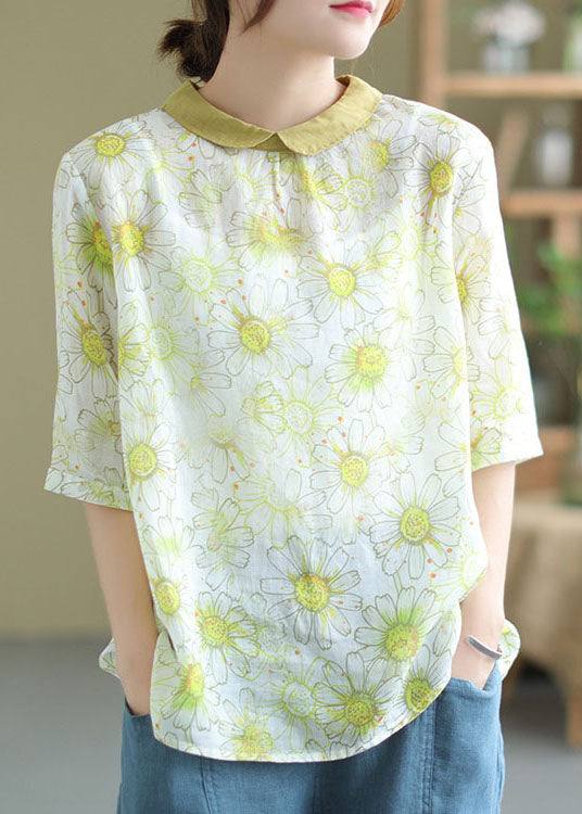 Fine Light Green Peter Pan Collar Print Patchwork Linen Top Summer