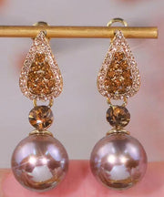 Fine Light Purple Alloy Zircon Inlaid Gem Stone Drop Earrings