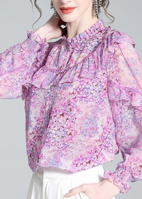 Fine Light Purple Ruffled Print Button Silk Shirts Long Sleeve