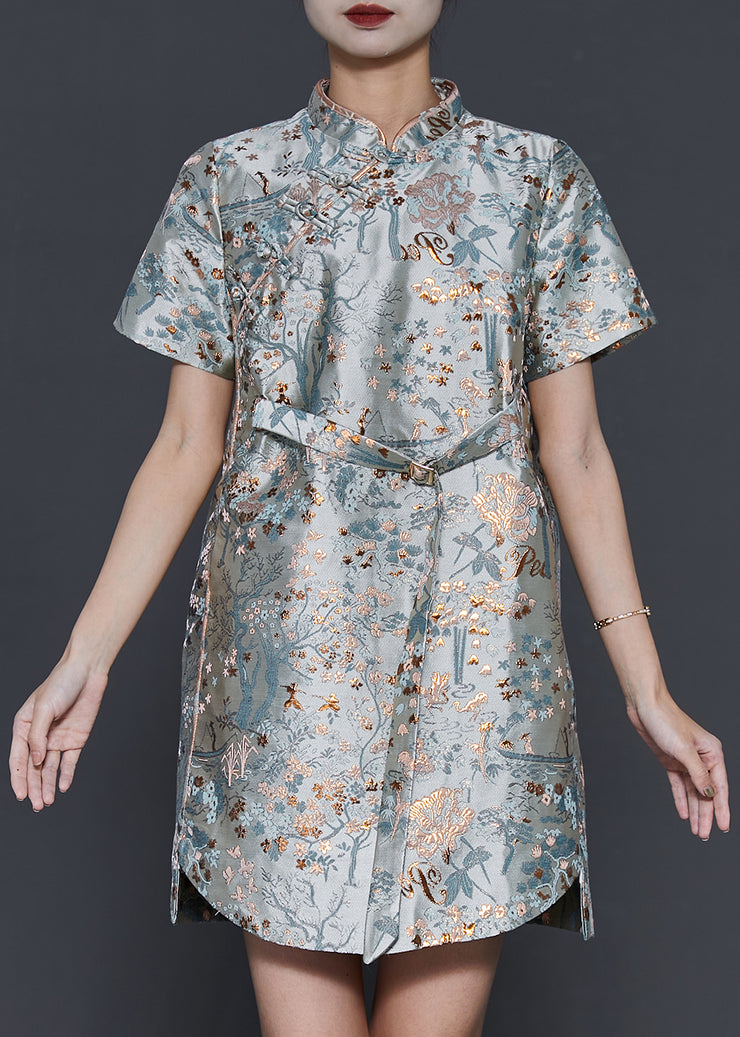 Fine Mandarin Collar Embroidered Silk Dress Summer