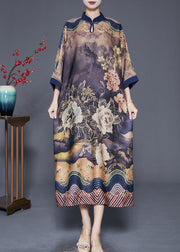 Fine Mandarin Collar Print Silk Maxi Dresses Bracelet Sleeve