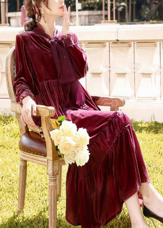 Fine Mulberry Bow Collar Ruffled Patchwork Silk Velour Dresses Spring