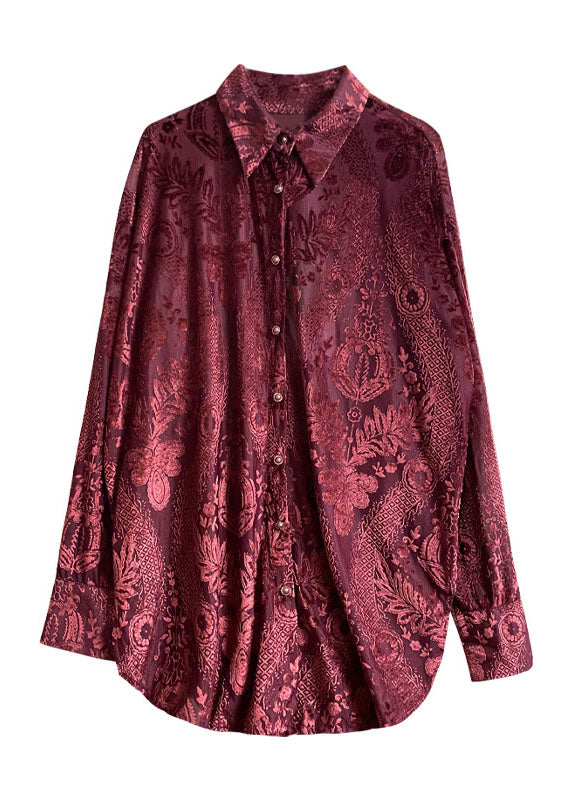 Fine Mulberry Peter Pan Collar Jacquard Silk Velour Shirts Fall