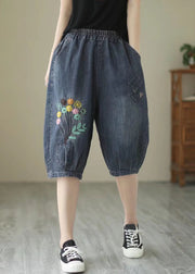 Fine Navy Embroideried Floral Denim Harem Pants Summer