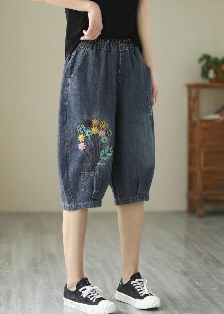 Fine Navy Embroideried Floral Denim Harem Pants Summer