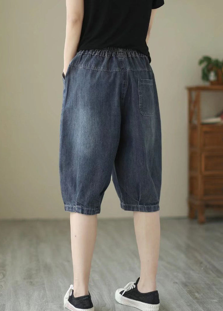 Fine Navy Embroideried Floral Denim Harem Pants Summer