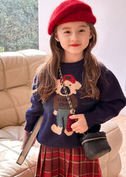 Fine Navy O-Neck Graphic Cotton Knit Kids Girls Sweaters Winter