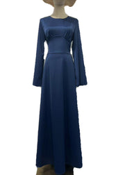 Fine Navy O Neck Lace Up Slim Fit Silk Long Dress Fall