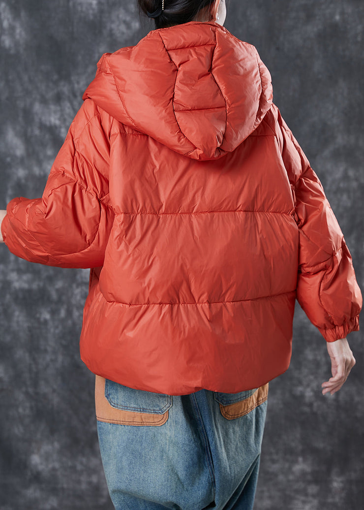 Fine Orange Hooded Drawstring Duck Down Puffer Coat Winter