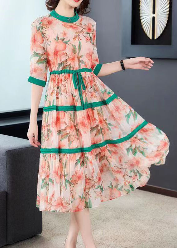 Fine Orange Print Exra Large Hem Chiffon Cinched Dress Summer