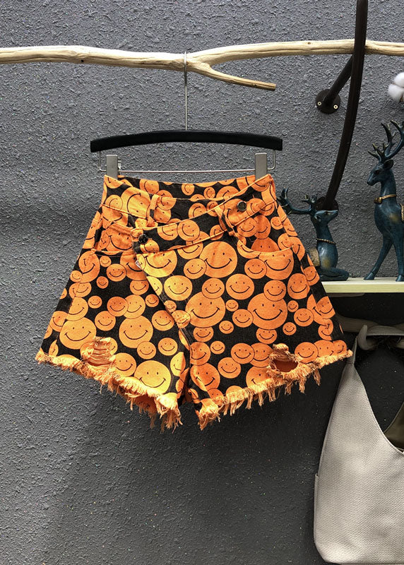 Fine Orange Print Patchwork Denim Wide Leg Shorts Summer