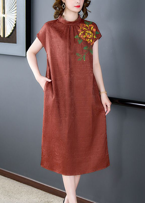 Fine Orange Stand Collar Print Side Open Silk Robe Dresses Summer