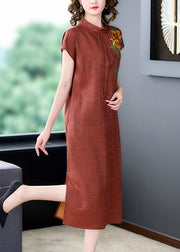 Fine Orange Stand Collar Print Side Open Silk Robe Dresses Summer