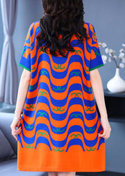 Fine Orange Striped Print V Neck Knit Holiday Dress Short Sleeve