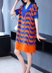 Fine Orange Striped Print V Neck Knit Holiday Dress Short Sleeve