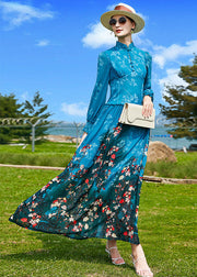 Fine Peacock Blue Mandarin Collar Ruffled Print Chiffon Cinch Dresses Spring