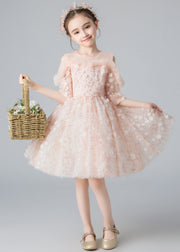 Fine Pink Cold Shoulder Floral Tulle Kids Mid Dress Summer