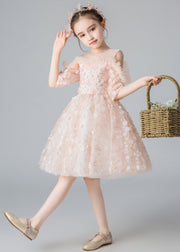 Fine Pink Cold Shoulder Floral Tulle Kids Mid Dress Summer