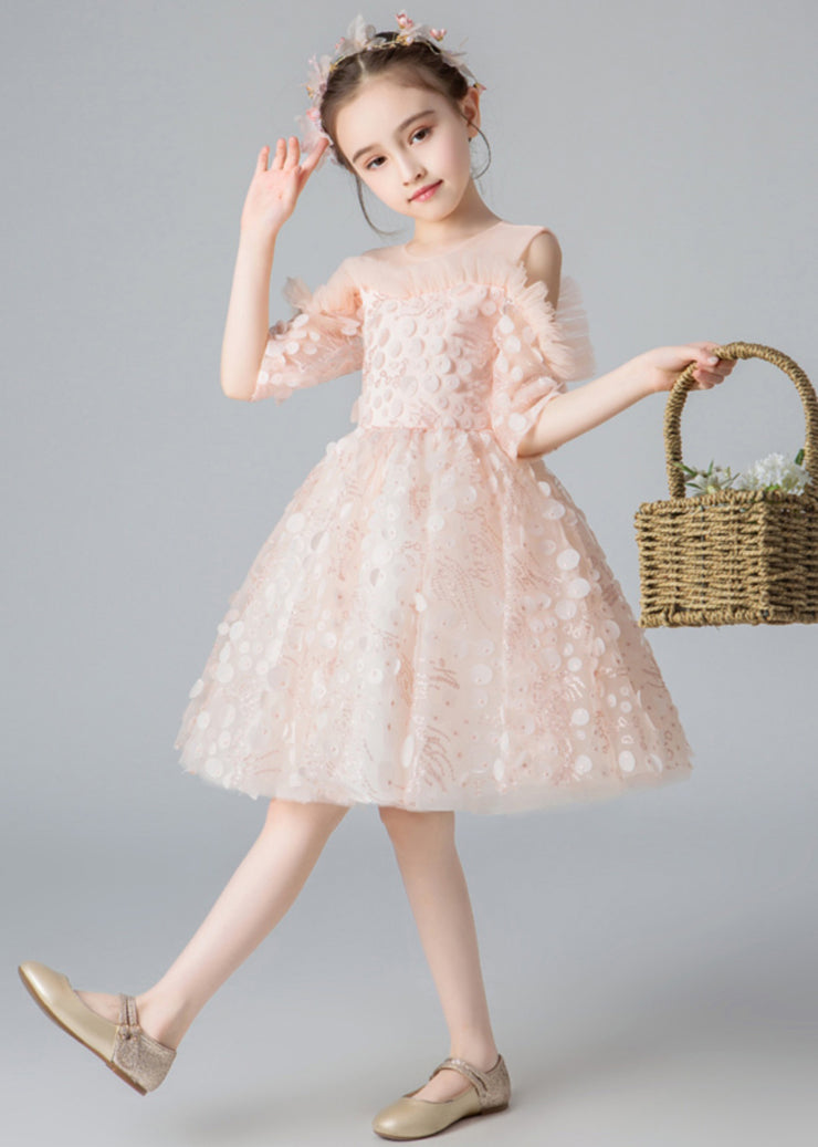 Fine Pink Cold Shoulder Floral Tulle Kids Mid Dress Summer