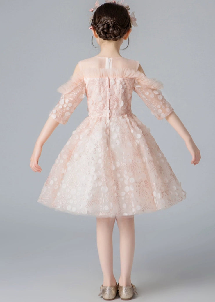 Fine Pink Cold Shoulder Floral Tulle Kids Mid Dress Summer