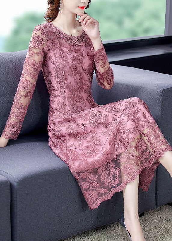 Fine Pink Embroideried Patchwork Lace Holiday Dresses Spring