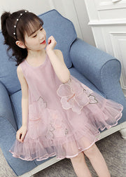 Fine Pink O-Neck Patchwork Embroideried Patchwork Tulle Girls Long Dresses Sleeveless