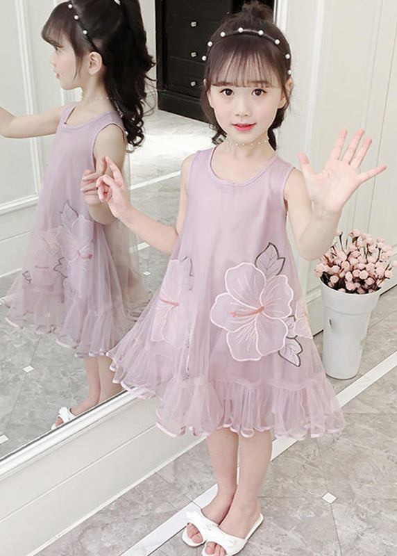 Fine Pink O-Neck Patchwork Embroideried Patchwork Tulle Girls Long Dresses Sleeveless